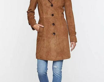 Women's Brown Suede Leather Trench Coat : Handmade Western Style Overcoat