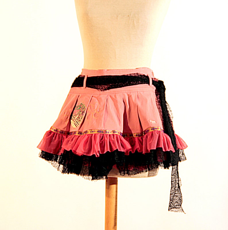 coral and black skirt Pleated Ruffles University Skirt Denim Skirt Art Coral Skirt Denim Coral Skirt Appliques Skirt Teen Girls