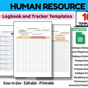 May include: A collection of printable Human Resource logbook and tracker templates. The image includes a laptop graphic with the number 10, and the words "Google Sheet" and "Printable". The templates include Employee Onboarding, Leave Request, and Performance Review logs.