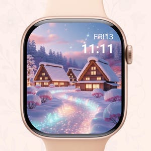 May include: A gold-colored smartwatch displays a winter scene with snow-covered houses and a sparkling path. The screen shows the time 11:11 and the date Friday the 13th. The watch has a light pink band.