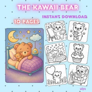 Kawaii Bear Coloring Pages,Cute Printable Coloring Book for Kids & Adults,10 Digital Download Pages, Instant PDF