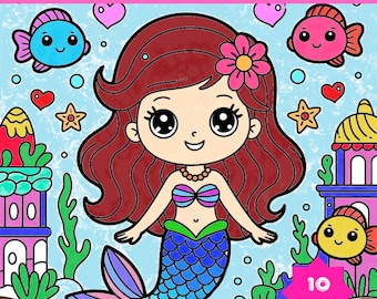 Coloring Pages Mermaid for Kids,Kawaii Princess Ocean Printable (PDF Download)