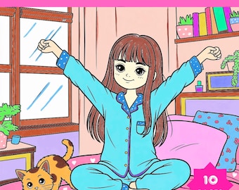 Coloring Pages for Kids,Morning Stretch | Kawaii Girl and Cat (PDF)