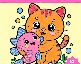 Kawaii Cat Coloring Pages for Kids,10 Cute Kitten Printable Designs, Instant Download PDF
