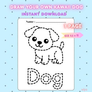 Puede incluir: Una página para colorear imprimible con un contorno de perro kawaii, el texto "DRAW YOUR OWN KAWAII DOG INSTANT DOWNLOAD" y la palabra "Dog". El tamaño de la página es de 21,6 x 27,9 cm. El fondo es azul claro con pequeños puntos grises.