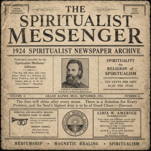 Puede incluir: Una página de periódico vintage de 1924, "The Spiritualist Messenger". El archivo en tonos sepia presenta artículos sobre espiritualidad, mediumnidad y curación magnética. Incluye un retrato de Andrew Jackson Davis y anuncios de numerología e instrumentos espirituales.