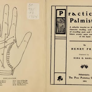 May include: An open book with a detailed illustration of a hand, featuring lines and markings labeled with letters and numbers. The facing page displays the title "Practical Palmistry" and author information.