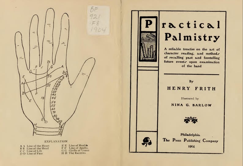 May include: An open book with a detailed illustration of a hand, featuring lines and markings labeled with letters and numbers. The facing page displays the title "Practical Palmistry" and author information.