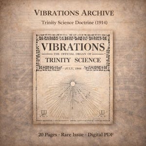 May include: A vintage book cover from the Vibrations Archive, featuring the title "Vibrations" and the subtitle "The Official Organ of Trinity Science." The cover is aged with a sunburst design and text indicating a July 1944 publication.