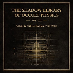 May include: A book cover with the title "THE SHADOW LIBRARY OF OCCULT PHYSICS" in gold lettering. The cover is dark with a detailed diagram and the text "VOL. III Astral & Subtle Bodies (1750-1900)".