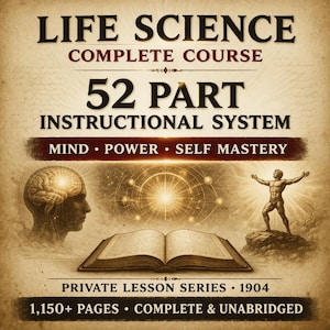 Puede incluir: Una portada de libro de estilo vintage con el título "LIFE SCIENCE COMPLETE COURSE". La portada presenta ilustraciones de un cerebro, un libro abierto y un hombre con los brazos extendidos. El texto incluye "52 PART INSTRUCTIONAL SYSTEM", "MIND • POWER • SELF MASTERY" y "1,150+ PAGES • COMPLETE & UNABRIDGED."