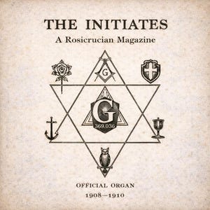 May include: A vintage magazine cover with the title "THE INITIATES" and the subtitle "A Rosicrucian Magazine." The cover features a star with various symbols, including a rose, anchor, owl, and chalice. The text "OFFICIAL ORGAN 1908-1910" is at the bottom.