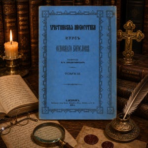 May include: A light blue antique book titled Khristianskaya apologetika, kurs osnovnago bogosloviya, tom II, 1884, featuring a decorative border. The book is surrounded by a lit candle, a metal cross, a quill pen in an inkwell, and a magnifying glass.