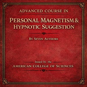 May include: A vintage-style book cover with a deep red background and gold-colored text. The title reads "Advanced Course in Personal Magnetism & Hypnotic Suggestion" with "By Seven Authors" and "Issued by the American College of Sciences" below.