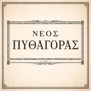 May include: A vintage-style print with the Greek text "ΝΕΟΣ ΠΥΘΑΓΟΡΑΣ" in black, centered on a cream-colored background. The text is framed by decorative black lines and flourishes, creating a classic aesthetic.