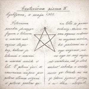 May include: An aged paper with handwritten text and a central illustration of a star within a circle, radiating lines. The text includes the date "1922" and the word "Ljubljana".