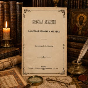 以下が含まれることがあります： クリーム色の表紙に黒いキリル文字が記された「Kievskaya Akademiya」というタイトルの古書。表紙には装飾的な縁取り、中央の水平線、そして1896年と記された下部の出版情報が記載されている。