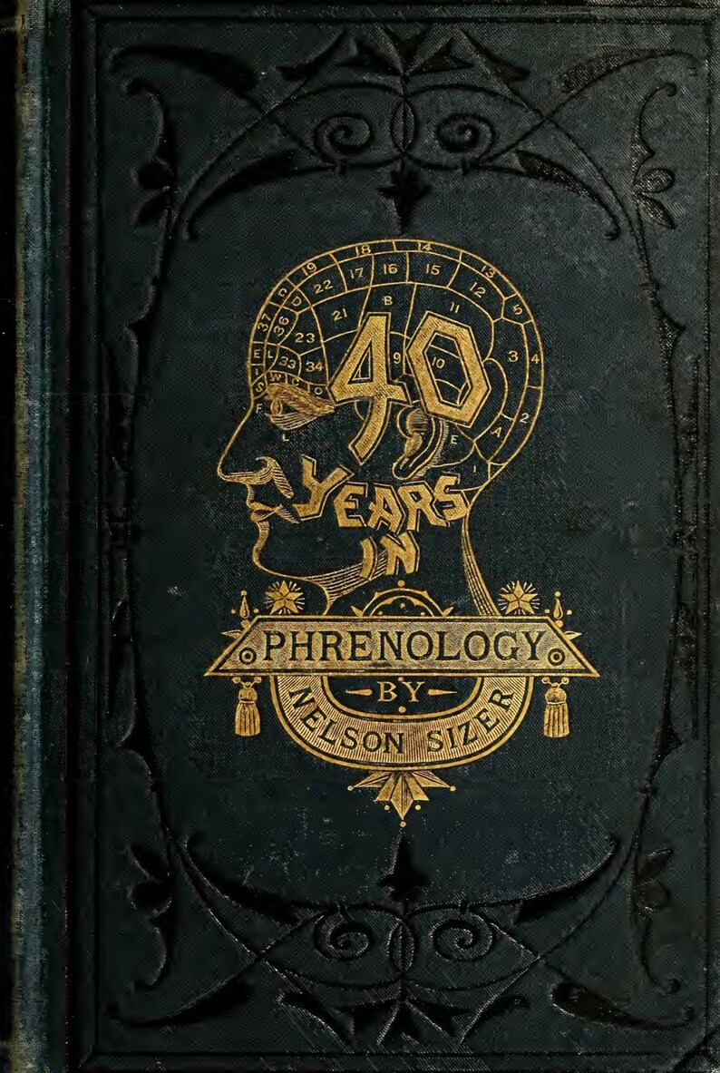May include: Antique book cover with gold lettering on a dark green background. The cover features a profile of a head with a diagram and the words "40 Years in Phrenology by Nelson Sizer."
