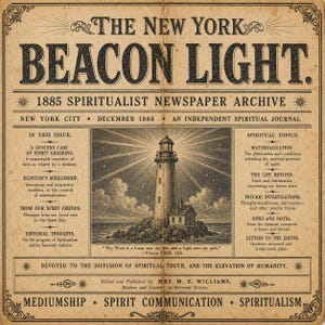May include: A vintage newspaper page titled "The New York Beacon Light," dated December 1885. The newspaper features articles on spiritualism, mediumship, and related topics. A detailed illustration of a lighthouse is also included.