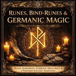 Pode incluir: Imagem iluminada com o texto "RUNES, BIND-RUNES & GERMANIC MAGIC". A imagem apresenta um símbolo rúnico brilhante, velas e um chifre. O texto "RUNIC ALPHABETS, SYMBOLIC SPELLCRAFT & NORTHERN ESOTERIC TRADITIONS" também está presente.