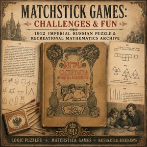 Puede incluir: Un libro de estilo vintage titulado Matchstick Games: Challenges & Fun, con ilustraciones de rompecabezas imperiales rusos de 1912, texto en cirílico y una imagen central de una persona resolviendo acertijos. Incluye una caja de cerillas y cerillas sueltas.