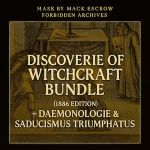 Puede incluir: Ilustración de estilo vintage con el texto "DISCOVERIE OF WITCHCRAFT BUNDLE" y texto adicional. La imagen presenta figuras con vestimenta de época, con un fondo oscuro y tonos sepia, evocando una temática histórica.