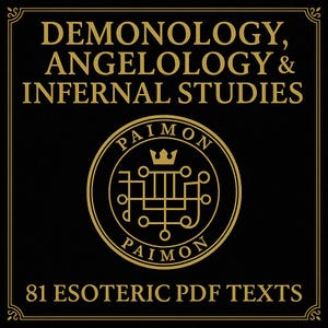 Op de afbeelding: Zwarte vierkante afbeelding met gouden tekst. De tekst luidt "Demonology, Angelology & Infernal Studies" boven een cirkelvormig embleem met de naam "Paimon". Daaronder staat de tekst "81 Esoteric PDF Texts".