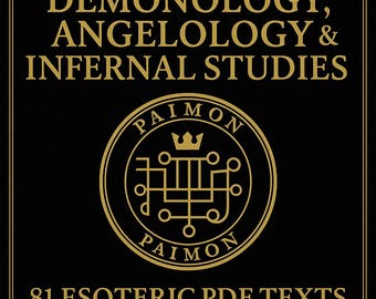 May include: Black square graphic with gold text. The text reads "Demonology, Angelology & Infernal Studies" above a circular emblem with the name "Paimon". Below the emblem is the text "81 Esoteric PDF Texts".
