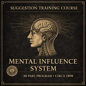 以下が含まれることがあります： 「Suggestion Training Course」と「Mental Influence System」のテキストが入ったヴィンテージスタイルのグラフィック。人間の頭部の詳細なイラストで、脳が露出しており、放射線状の線と「30 Part Program • Circa 1898」のテキストが特徴です。