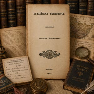 Puede incluir: Un libro antiguo titulado "БУДДІЙСКАЯ КОСМОЛОГІЯ" con una cubierta de color crema, texto centrado y un emblema decorativo. Está rodeado de varios libros antiguos, un mapa de Asia, una lupa, un pequeño recipiente de metal y notas manuscritas.