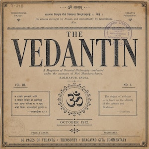 Puede incluir: Portada de revista vintage de "The Vedantin", una revista de filosofía oriental. La portada presenta el título en letras grandes y en negrita, con la fecha de publicación de octubre de 1912. La portada incluye el símbolo "Om" y texto en varios idiomas.