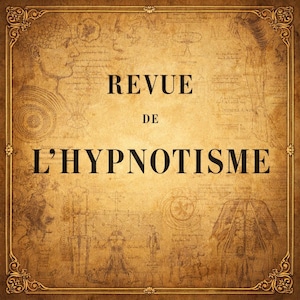 May include: A vintage-style book cover with the title "REVUE DE L'HYPNOTISME" in black letters. The background is a sepia-toned parchment with anatomical drawings and decorative borders. The overall design evokes a sense of historical study.