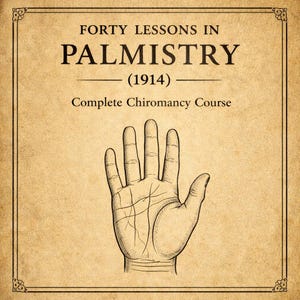 May include: Vintage-style print with the title "FORTY LESSONS IN PALMISTRY (1914)" and "Complete Chiromancy Course." The image features a detailed illustration of a human hand with palm lines on a tan background, framed with a decorative border.