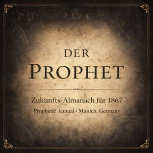 May include: A vintage-style book cover with the title "DER PROPHET" in large, bold letters. Below, it reads "Zukunfts-Almanach für 1867" and "Prophetic Annual • Munich, Germany" on a textured, sepia-toned background.