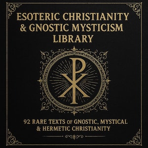 Puede incluir: Portada de libro negra con el título dorado "ESOTERIC CHRISTIANITY & GNOSTIC MYSTICISM LIBRARY". Presenta un emblema dorado y el texto "92 RARE TEXTS OF GNOSTIC, MYSTICAL & HERMETIC CHRISTIANITY".