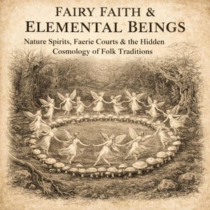 May include: A vintage-style illustration depicts a circle of fairies dancing in a woodland scene. The image is accompanied by the text "FAIRY FAITH & ELEMENTAL BEINGS" and "Nature Spirits, Faerie Courts & the Hidden Cosmology of Folk Traditions."