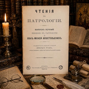 May include: An antique book titled ЧТЕНІЯ ПО ПАТРОЛОГІІ with black Cyrillic text on a cream-colored paper cover. The cover includes the publication year 1895, the location Kazan, and academic details. The book is presented in a vertical orientation.