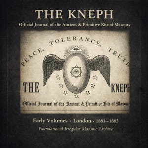 May include: A vintage-style journal cover with the title "THE KNEPH" in large, bold letters. The cover features an illustration of an egg with wings, stars, and the words "PEACE, TOLERANCE, TRUTH." The text "Official Journal of the Ancient & Primitive Rite of Masonry" is also present.