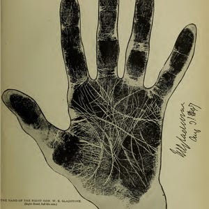 May include: A black and white illustration of a right hand, showing detailed palm lines and fingerprints. The text at the bottom reads "THE HAND OF THE RIGHT HON. W. E. GLADSTONE." Handwritten script is visible in the upper right corner, with the date "Aug 2 1897."