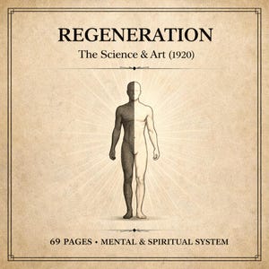 Puede incluir: Portada de libro vintage titulada "REGENERATION" con el subtítulo "The Science & Art (1920)". La portada presenta una ilustración estilizada de una figura humana, dividida verticalmente en mitades en blanco y negro. En la parte inferior se lee "69 PAGES • MENTAL & SPIRITUAL SYSTEM".