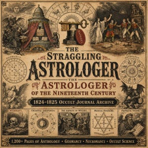 May include: A vintage-style illustration with the title "The Straggling Astrologer of the Nineteenth Century." The image features astrological symbols, occult diagrams, and text including "1824-1825 Occult Journal Archive" and "1,200+ Pages of Astrology."