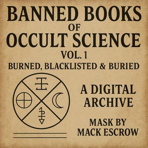 May include: A digital archive cover with the text "BANNED BOOKS OF OCCULT SCIENCE VOL. 1 BURNED, BLACKLISTED & BURIED." A circular emblem with symbols is in the center. The text "A DIGITAL ARCHIVE" and "MASK BY MACK ESCROW" are also present.