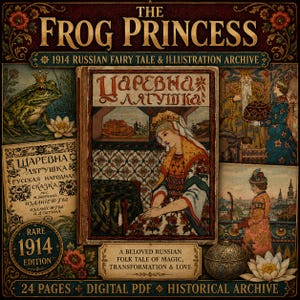 Pode incluir: Um arquivo digital do conto de fadas russo de 1914 A Princesa Sapo, com uma ilustração central de capa de livro de uma mulher em trajes tradicionais, rodeada por bordas decorativas, um sapo com coroa e cenas históricas.
