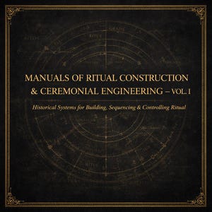 May include: A dark, vintage-style book cover with the title "Manuals of Ritual Construction & Ceremonial Engineering - Vol. I." The cover features a detailed circular diagram and text, framed by a gold border. The text below the title reads "Historical Systems for Building, Sequencing & Controlling Ritual."