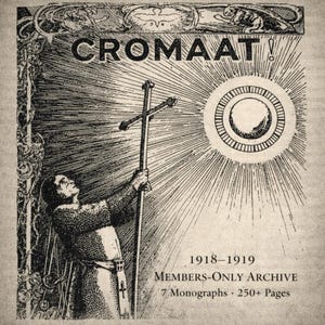 Może przedstawiać: Czarno-biała ilustracja osoby trzymającej krzyż w kierunku promienistego słońca. Obrazek zawiera słowo "CROMAAT" u góry, z tekstem poniżej wskazującym na "MEMBERS-ONLY ARCHIVE" z lat 1918-1919, z 7 monografiami i ponad 250 stronami.