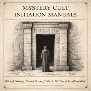 May include: An illustration featuring the text "MYSTERY CULT INITIATION MANUALS" above a stone archway. A robed figure stands in the doorway. The text "Rites of Passage, Sacred Secrecy & the Architecture of Transformation" is below the archway.