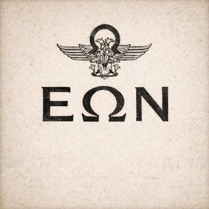 May include: A monochrome design with the letters EON in a strong serif font. Above the letters is a detailed emblem with wings and decorative elements. The background has a textured, aged appearance, suggesting a classic or historical theme.