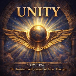 Pode incluir: Ilustração digital com a palavra "UNITY" em letras douradas acima de um globo dourado com asas, irradiando luz. O texto "1899-1920" e "The Institutional Journal of New Thought" estão abaixo do globo.