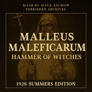 May include: A vintage book cover with the title "Malleus Maleficarum" and the subtitle "Hammer of Witches." The image features a detailed illustration of a robed figure holding a staff and a bowl. The text "1928 Summers Edition" is also present.