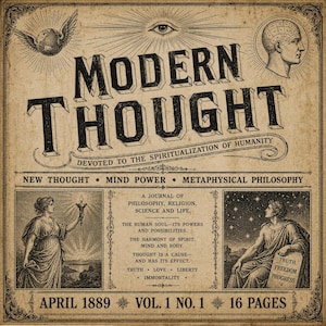 Pode incluir: Capa de revista vintage "Modern Thought" com tipografia ornamentada. A capa apresenta ilustrações de um globo alado, um olho e um perfil de cabeça com secções cerebrais. O texto inclui "New Thought", "Mind Power" e "Abril de 1889".